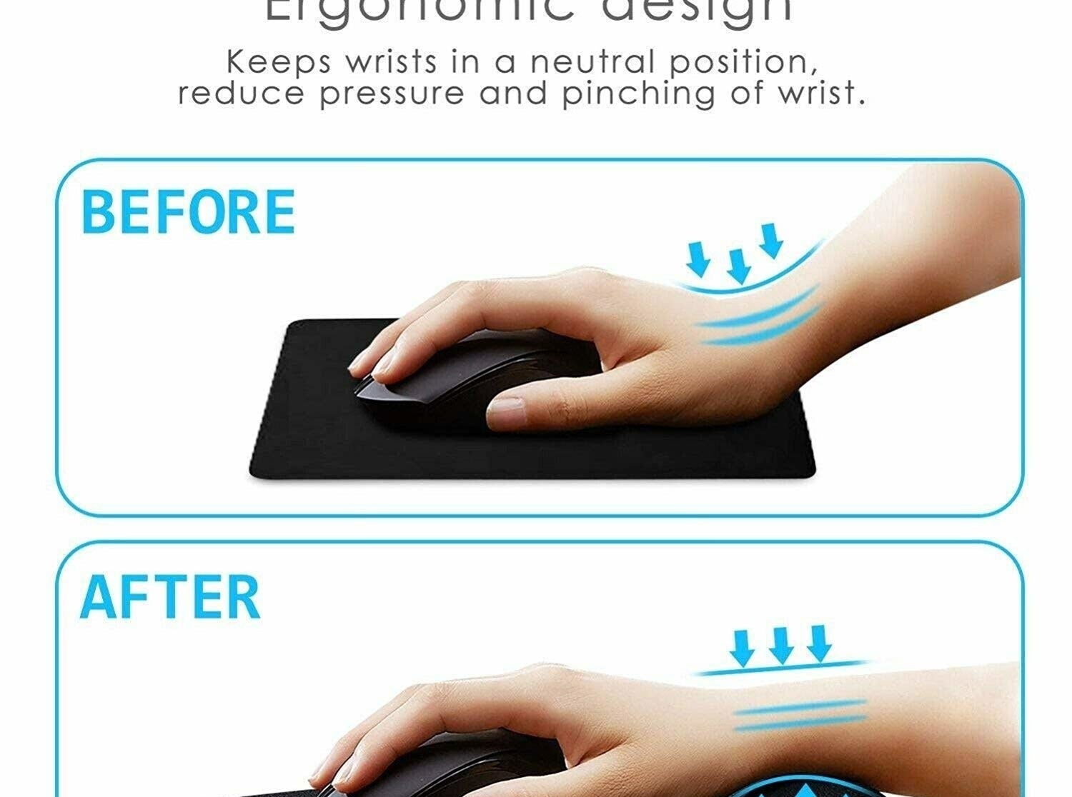 Before and after images of a person using a mouse on a normal mouse pad and an ergonomic mouse pad.