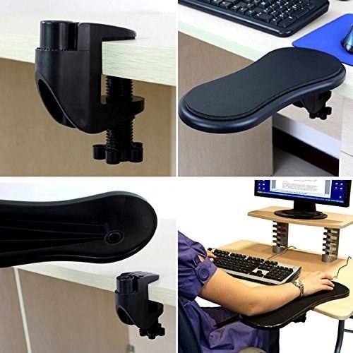 A collage of images of the arm rest support being installed and used on a table