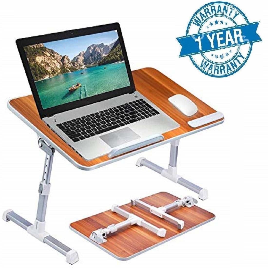 A brown laptop table with a laptop on it and text that says &quot;1-Year Warranty&quot;.