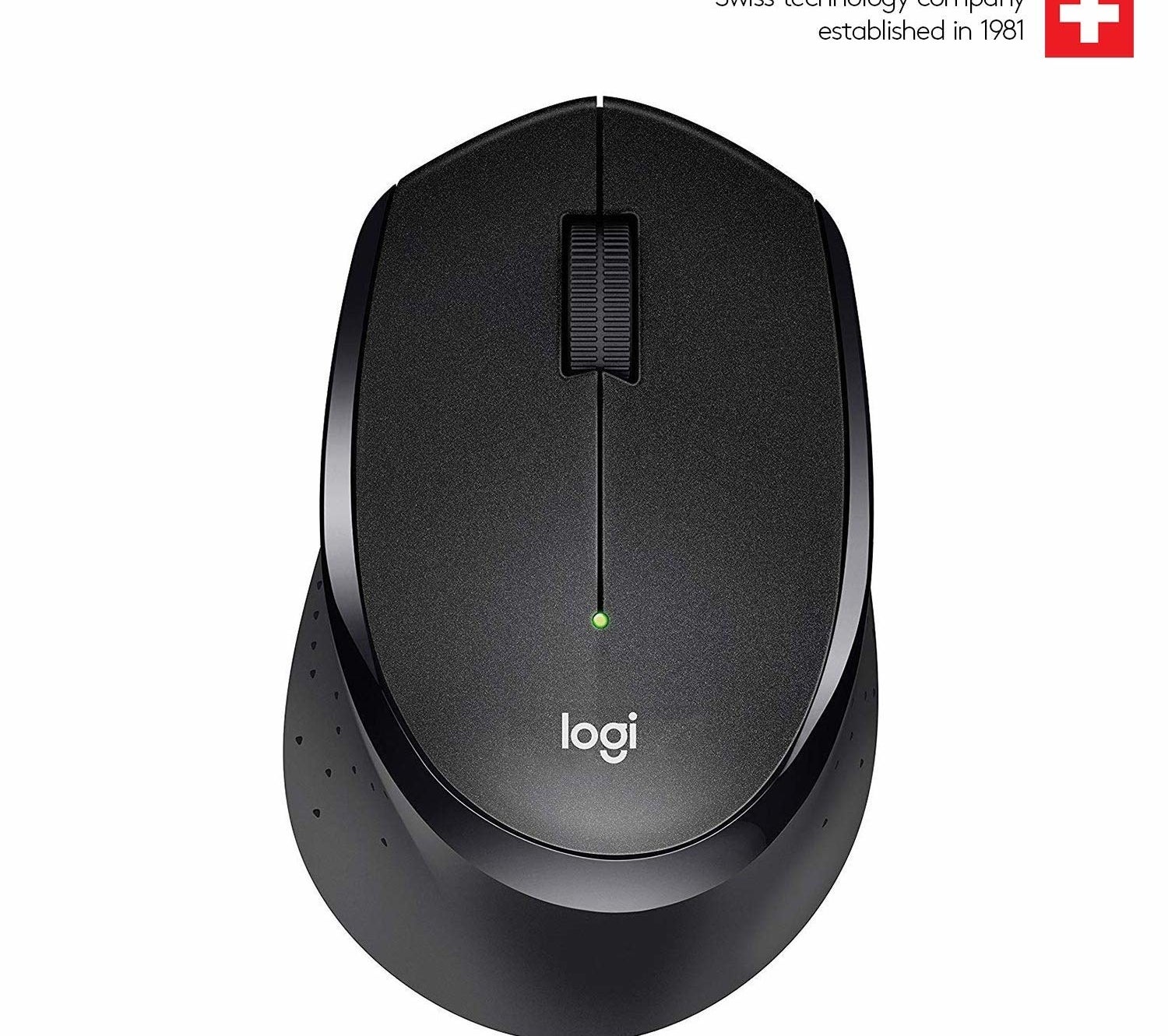 A black wireless ergonomic mouse.