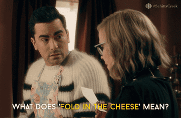 David asking Moira &quot;What does &#x27;fold in the cheese&#x27; mean?&quot;