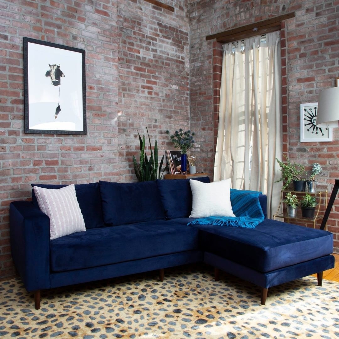 A blue velvet sectional couch with an l-like shape in a living room