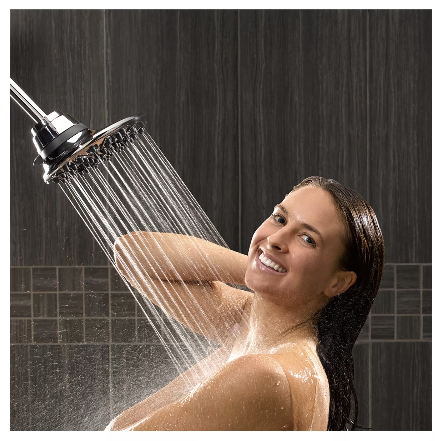 A model under the showerhead spraying water