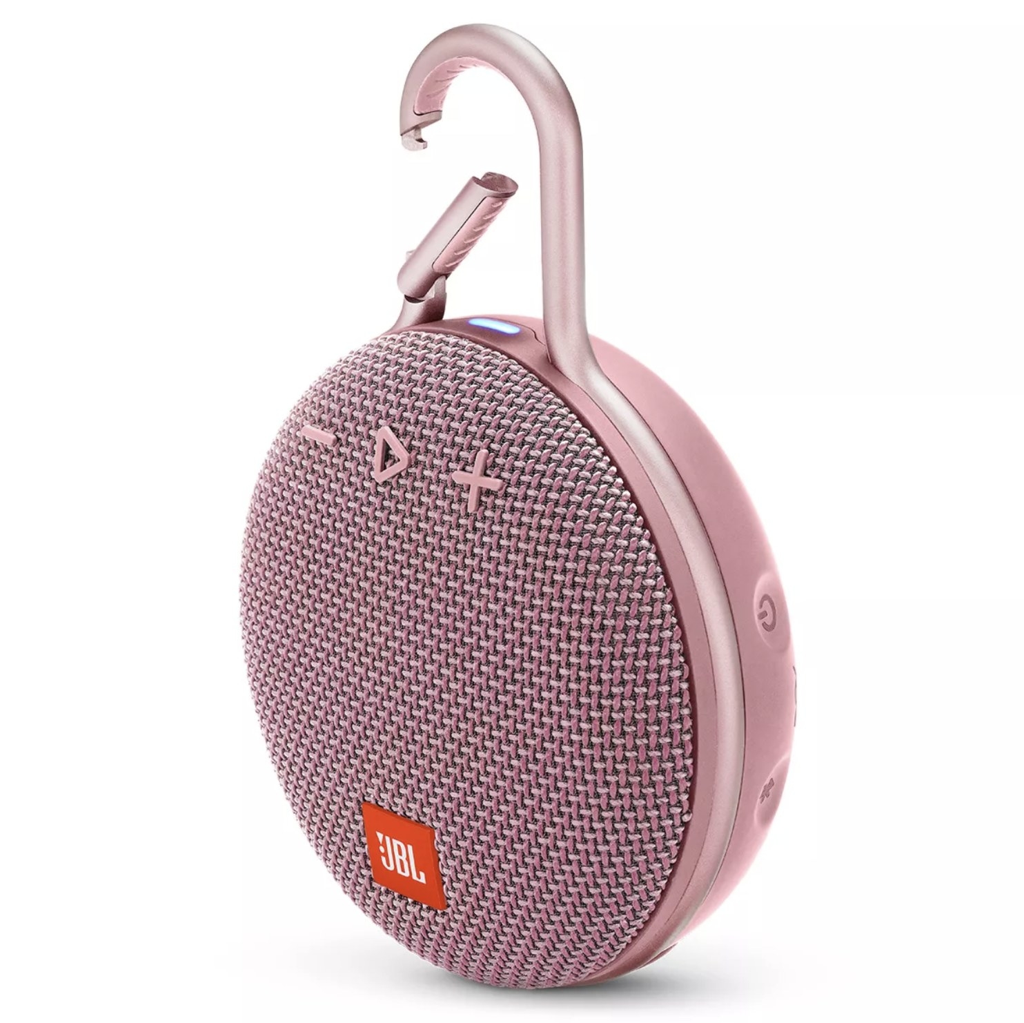 A pink speaker with a hook 