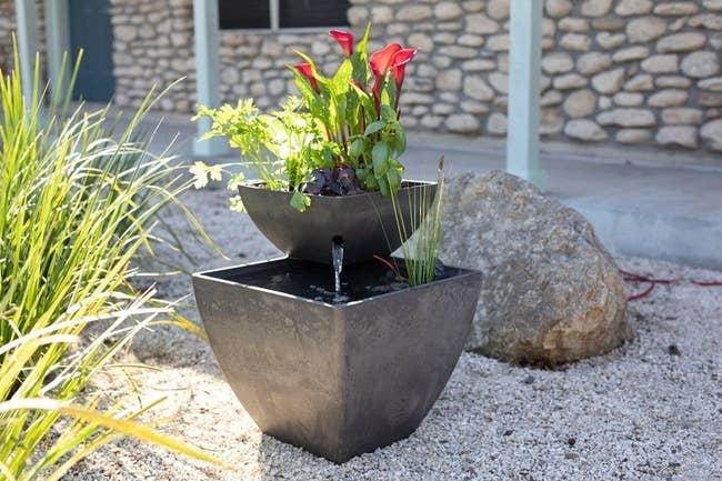 The water garden fountain sits outside with calla lilies in its upper tier