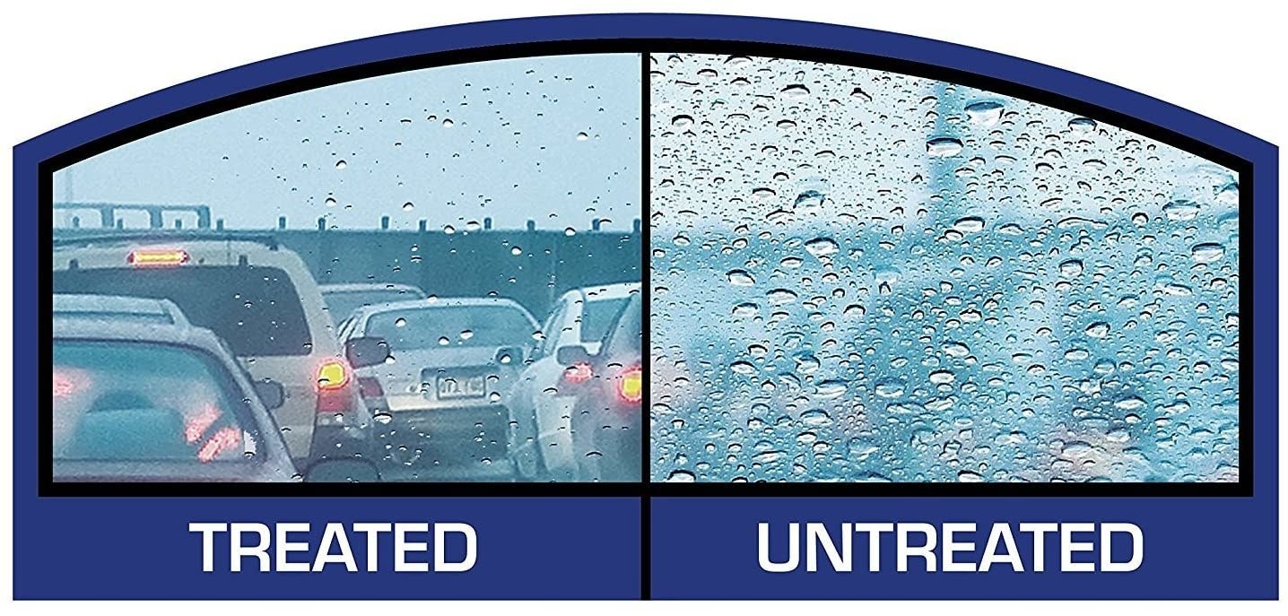 A side by side demonstration of a clear window that&#x27;s been treated and an untreated window covered in rain