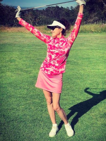 Reviewer wearing the skort in pink 