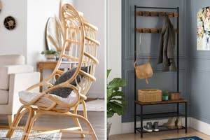 (left) Curved wicker chair with a cushion (right) Entry way bench with two shelves and hooks