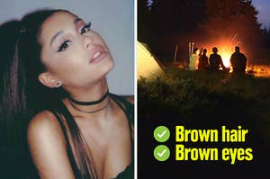 Ariana Grande with brown hair and brown eyes going camping