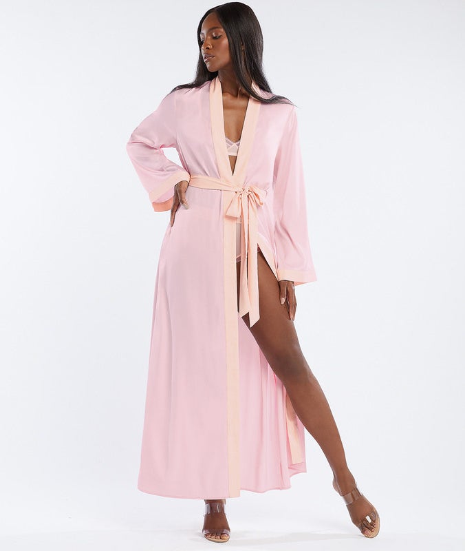 model in pink maxi robe with lighter pink edging and tie