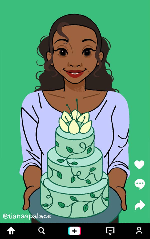 Tiana holding a cake decorated with vines. 