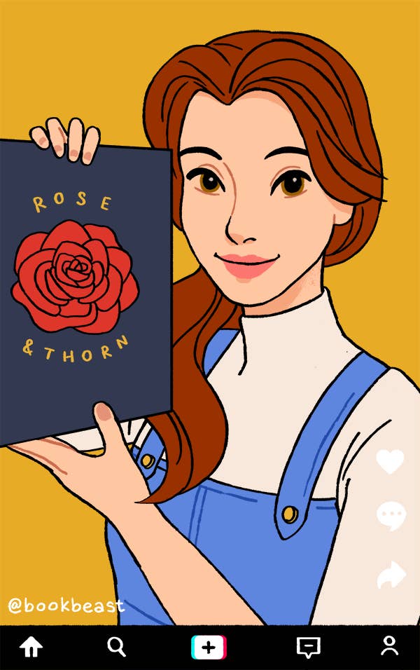Belle showing off a book to the camera