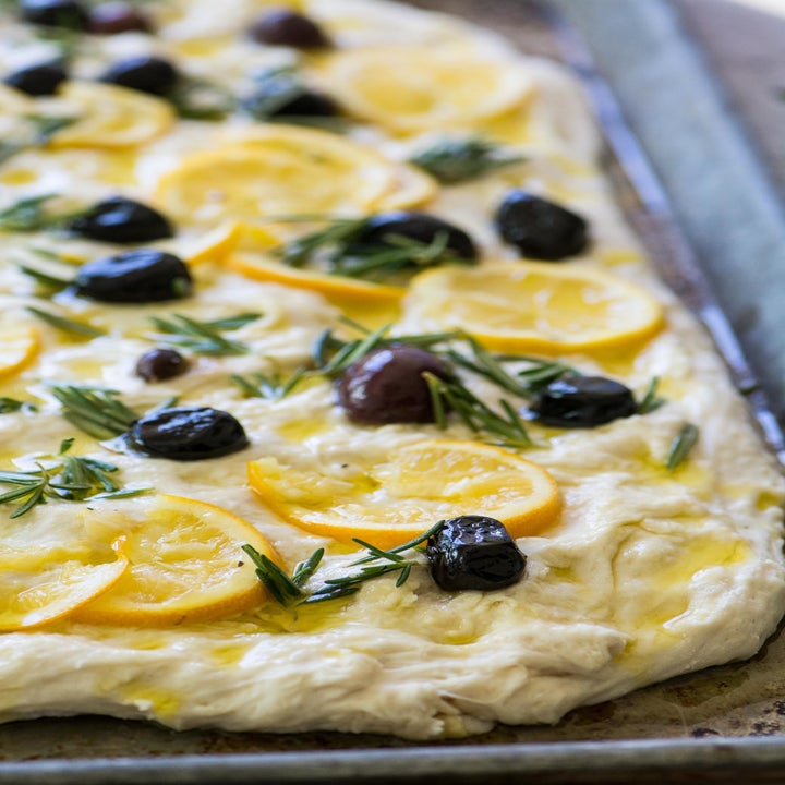 Focaccia dough ready to go into the oven.