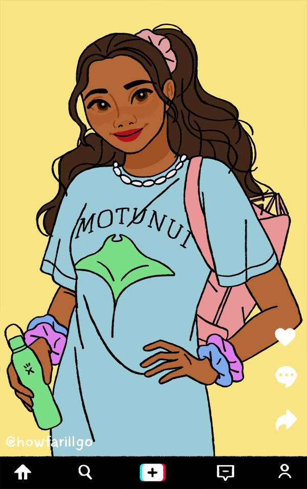 Moana dressed as a VSCO girl holding a Hydroflask. 