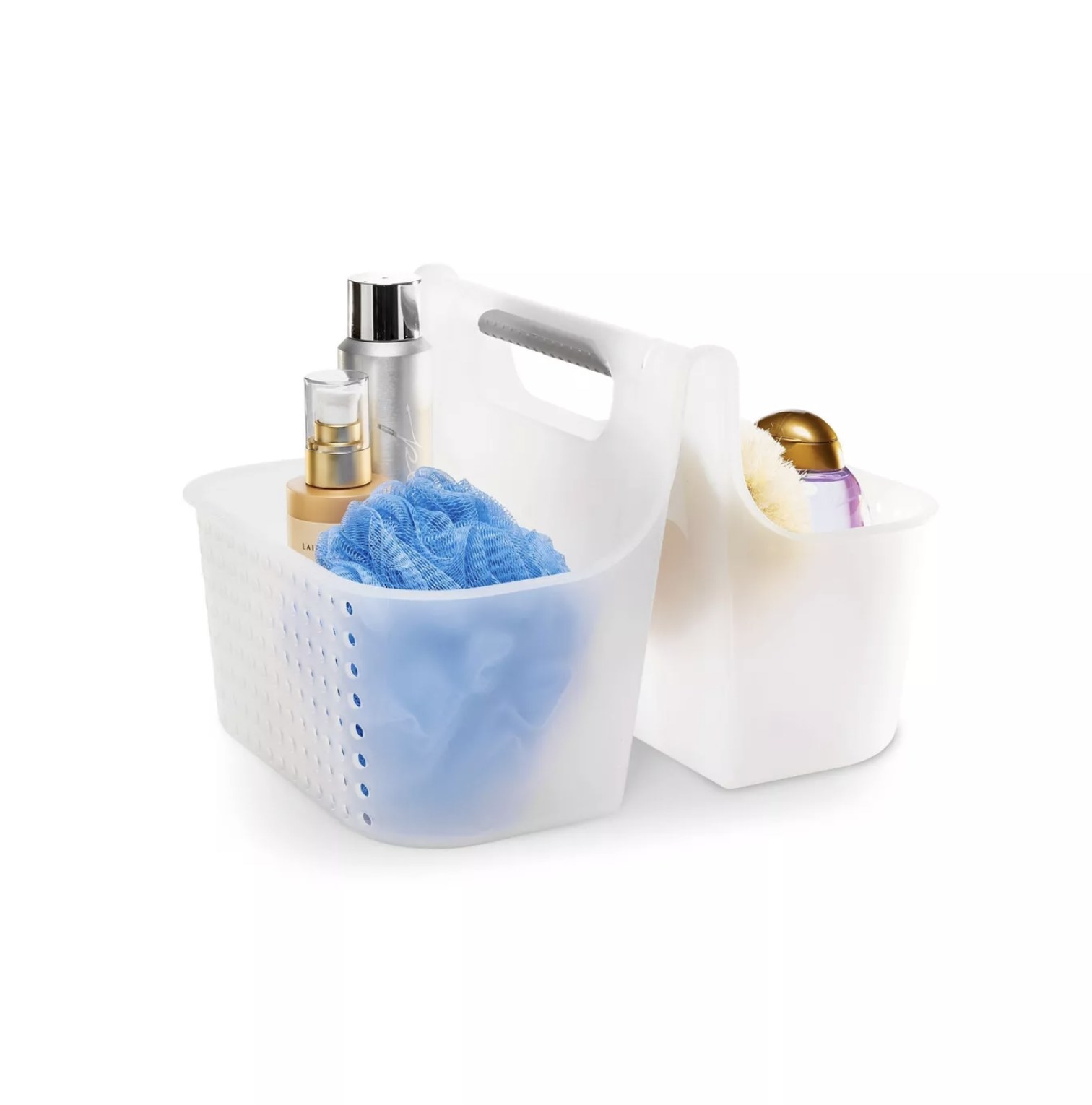 A caddy with a handle and two shelves to fit bottles and accessories 