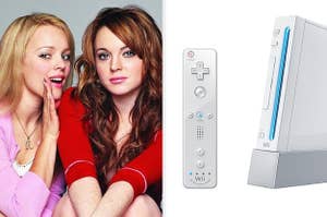 Regina George whispering into Cady Heron's ear, next to a Wii