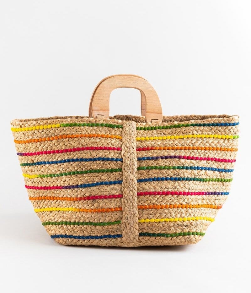 The large tote with wooden handles and different color stripes woven into it