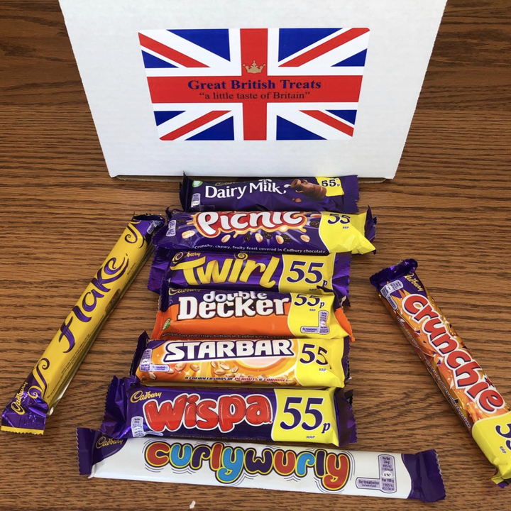 ten full-sized chocolate bars in a white box with the British flag on it 