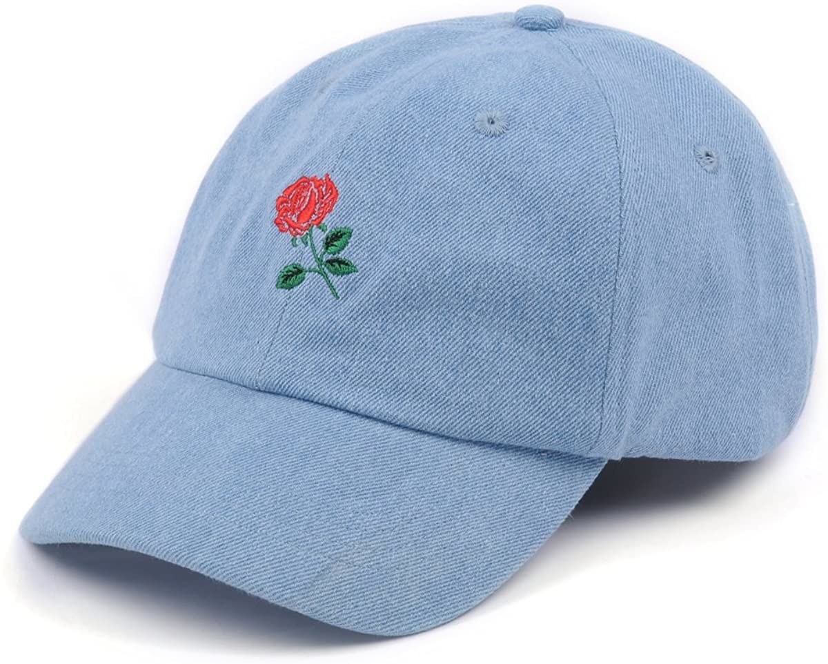 A light denim baseball cap with an embroidered rose on it