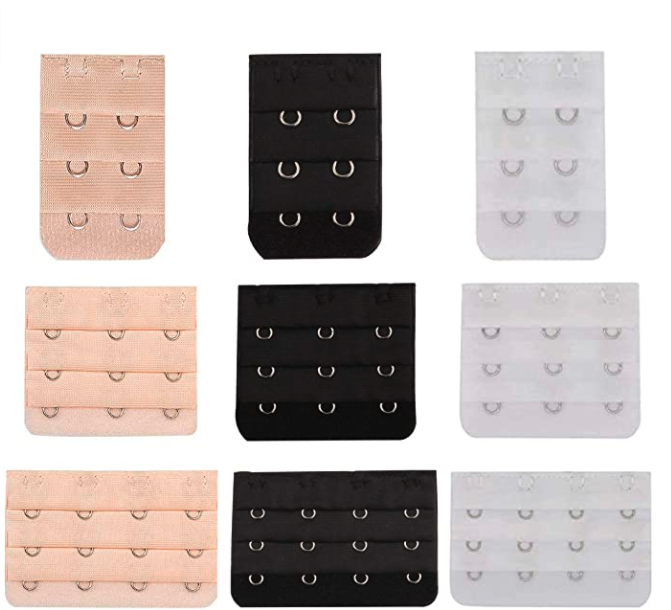 A set of two,  three, and four hook bra extenders in beige, black, and grey