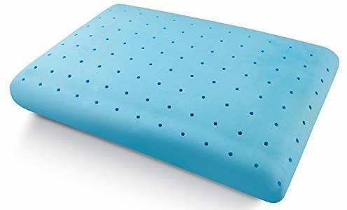 A blue memory foam gel pillow