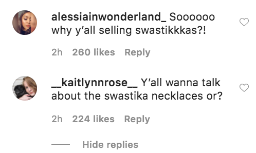 Instagram comments read: &quot;Sooooo why y&#x27;all selling swastikas?!&quot; &quot;Y&#x27;all wanna talk about the swastika necklaces or?&quot;
