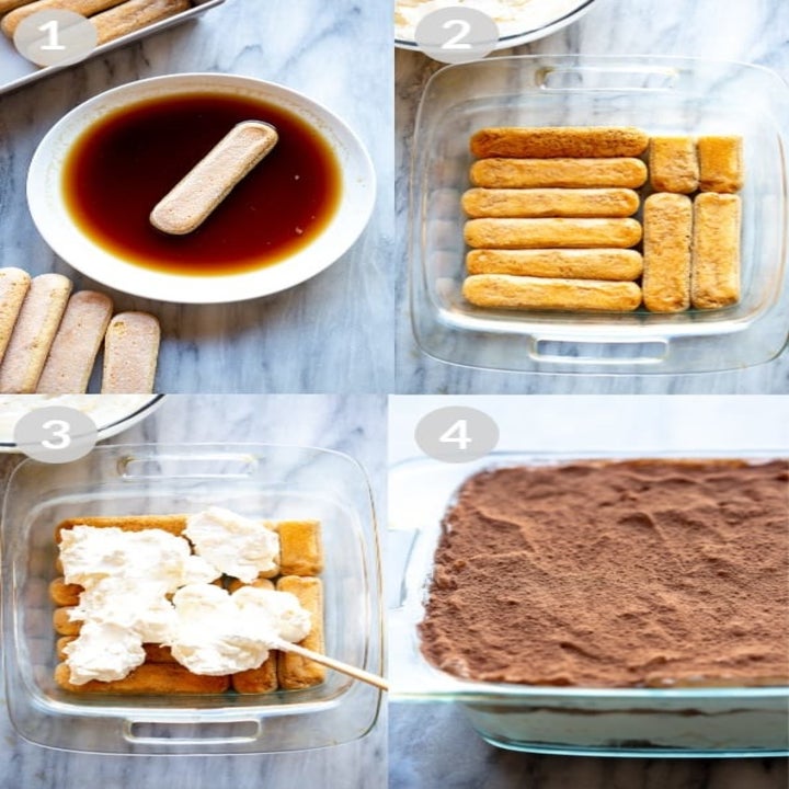 A process shot of making tiramisu from scratch with Lady Fingers, mascarpone, whipping cream, coffee flavored liqueur, and cold espresso.