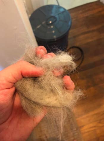 Reviewer shows clump of cat hair collected from the same self-grooming cat toy