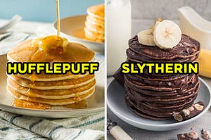 On the left, a stack of buttermilk pancakes with maple syrup and butter on top and "hufflepuff" typed across it, and on the right, a stack of chocolate pancakes with chocolate sauce and bananas on top and "slytherin" typed on top of it