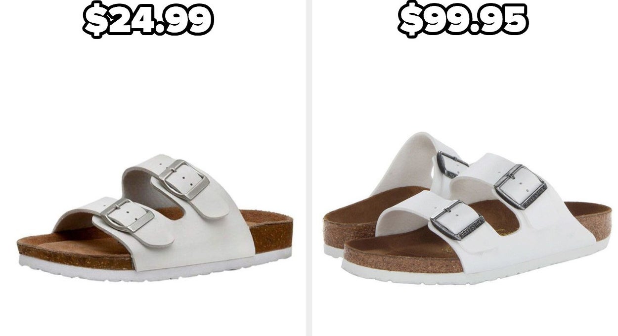 On the left, Cushionaire Slide Sandals in white, and on the right, Birkenstocks in white