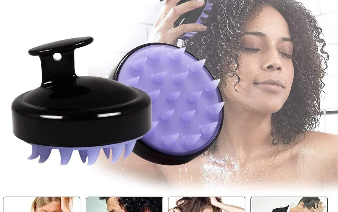 A person holds the product and works it through their hair in the shower