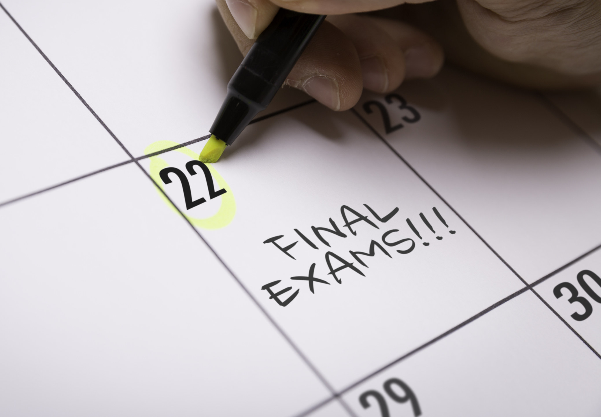 A calendar with a date circled and a note that basically shouts the words: &quot;Final exams&quot;
