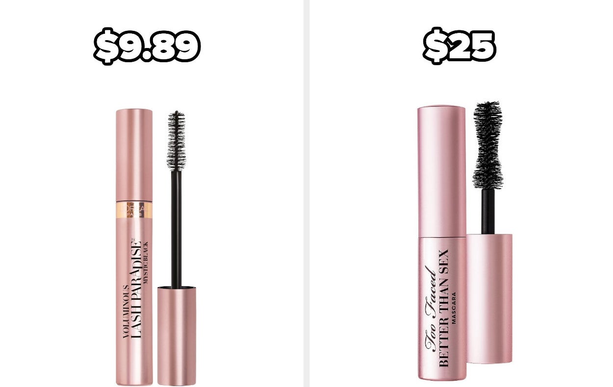 On the left, L&#x27;Oréal mascara, and on the right, Too Faced Better Than Sex mascara 