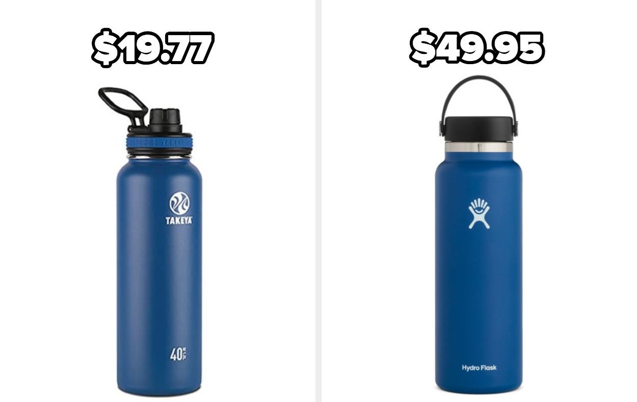 On the left, a Takeya water bottle in blue, and on the right, a Hydro Flask in blue