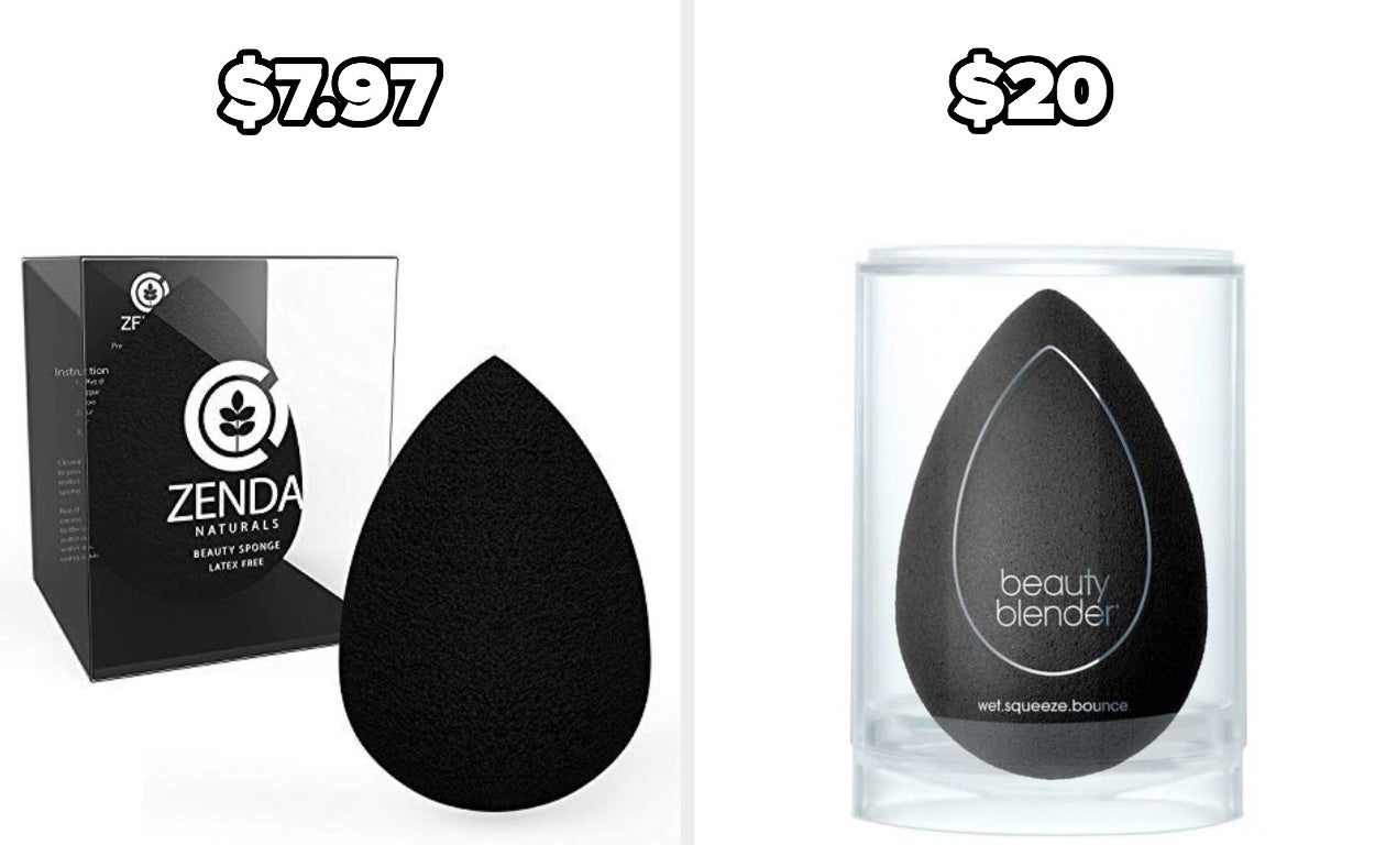 On the left, a Zena Naturals blending sponge, and on the right, a beautyblender