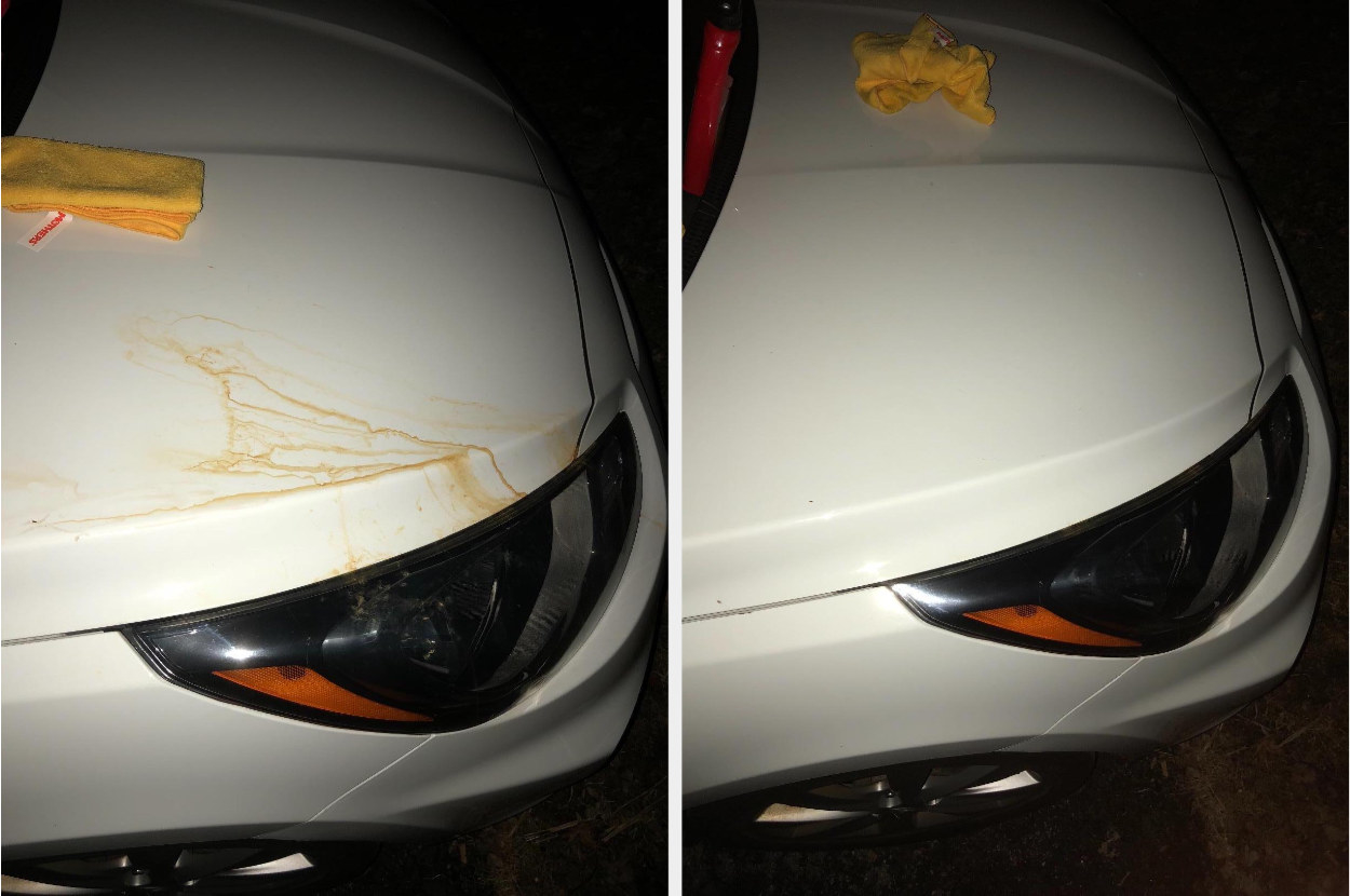 Reviewer's before and after photos showing the clay bar removed rust stains on the hood of their car