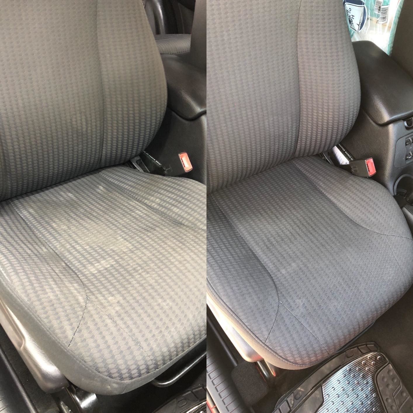 Reviewer&#x27;s before-and-after showing the brush lifted and lightened stains on upholstered seats
