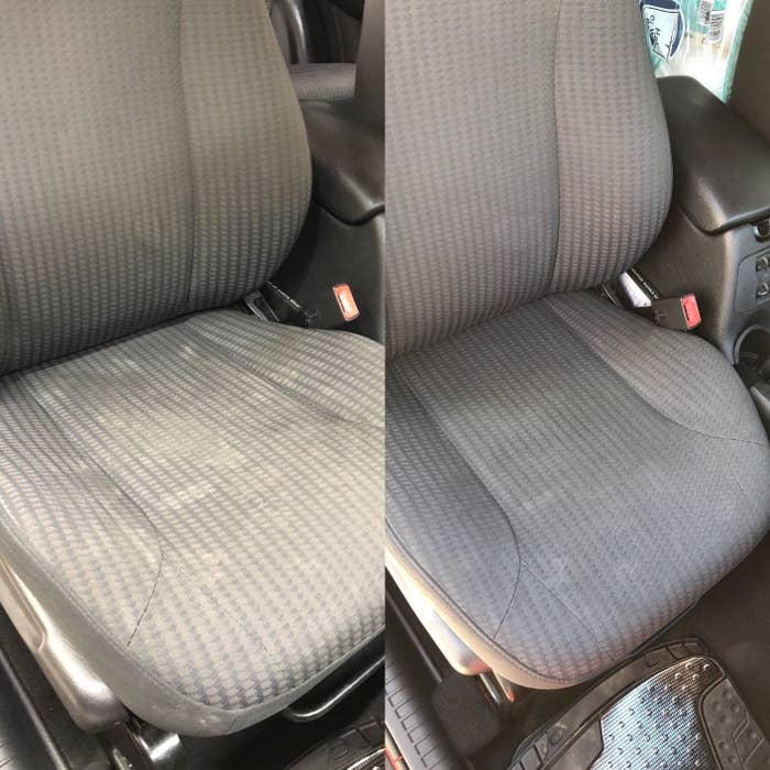 Reviewer&#x27;s before and after showing the brush lifted and lightened stains on upholstered seats