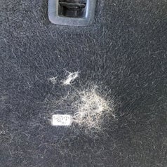 Same reviewer's photo of their carpets after using the brush showing that they were able to brush all the dog fur into one pile