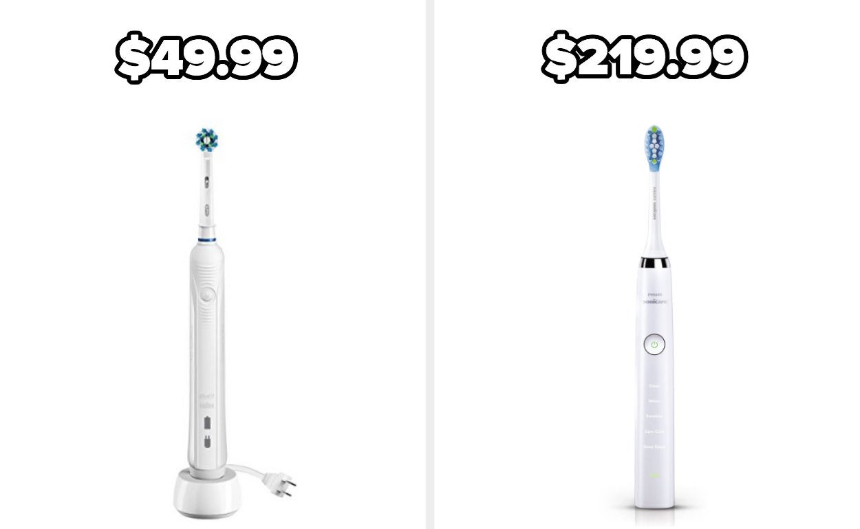 On the left, an Oral-B electric toothbrush, and on the right, a Philips Sonicare electric toothbrush
