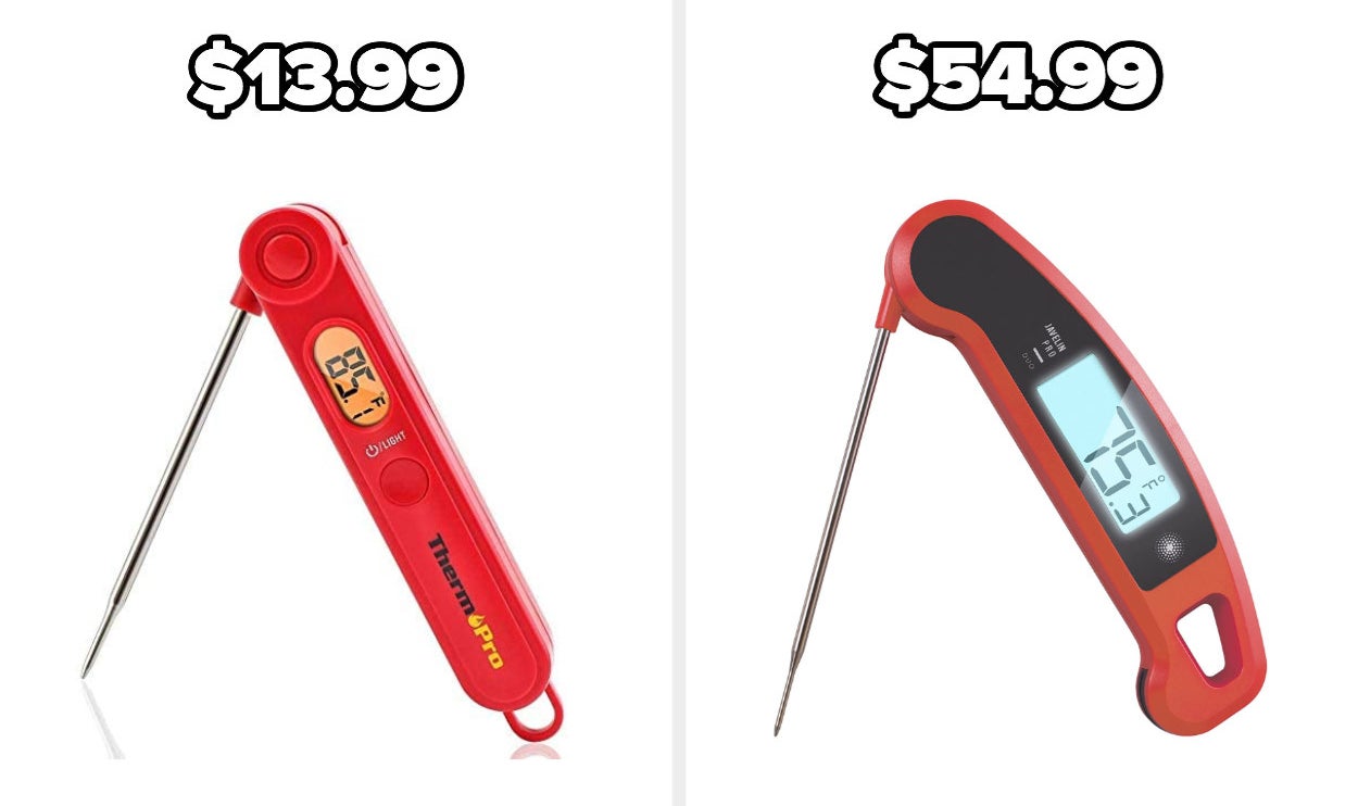 On the left, a digital food thermometer, and on the right, another, more expensive digital thermometer
