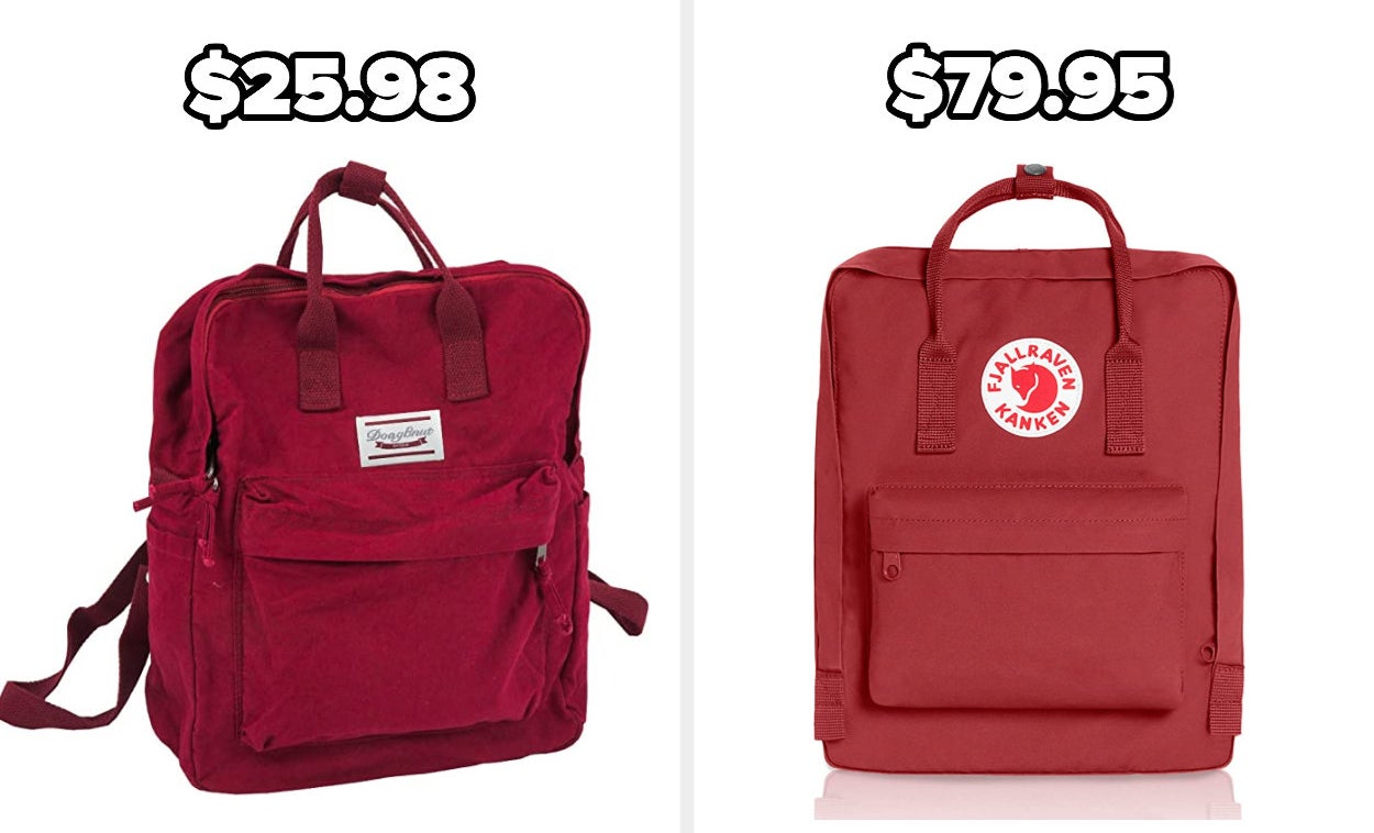 On the left, a LuckyZ lightweight canvas backpack, and on the right, a Fjällräven Kanken classic backpack