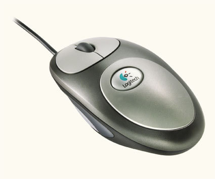 A photo of an early &#x27;00s grey Logitech corded computer mouse.