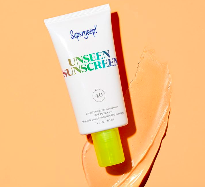 A white container that says &quot;Supergoop! Unseen Sunscreen SPF 40&quot;