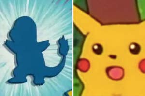 A silhouette of Charmander followed by an image of Pikachu looking shocked