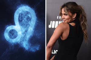Leo sign in a night sky on the left with Halle Berry on the right