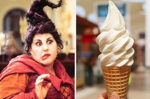 Mary Sanderson from "Hocus Pocus" on the left with a vanilla ice cream cone on the right