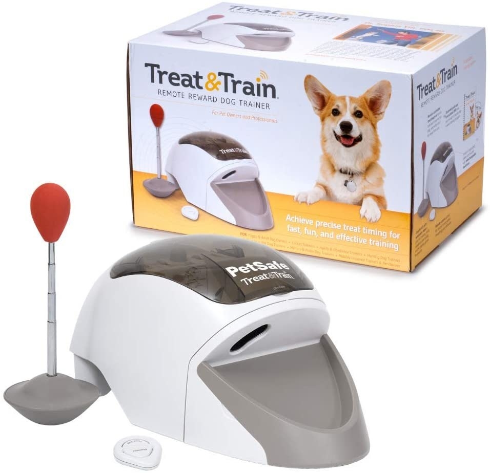 The device, which is dome shaped and has space for dog treats 