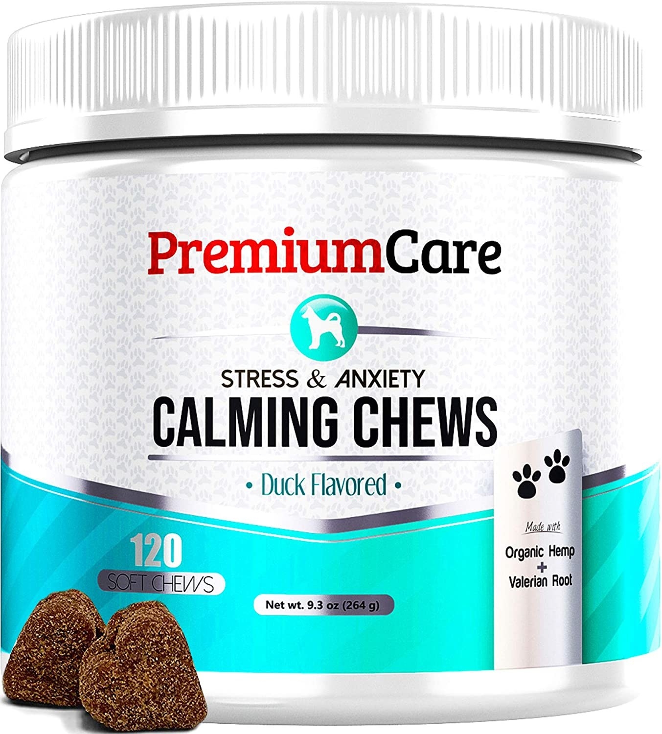 A bottle of duck flavored stress and anxiety calming chews 