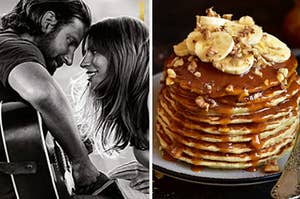 Bradley Cooper and Lady Gaga on the left with a stack of pancakes on the right